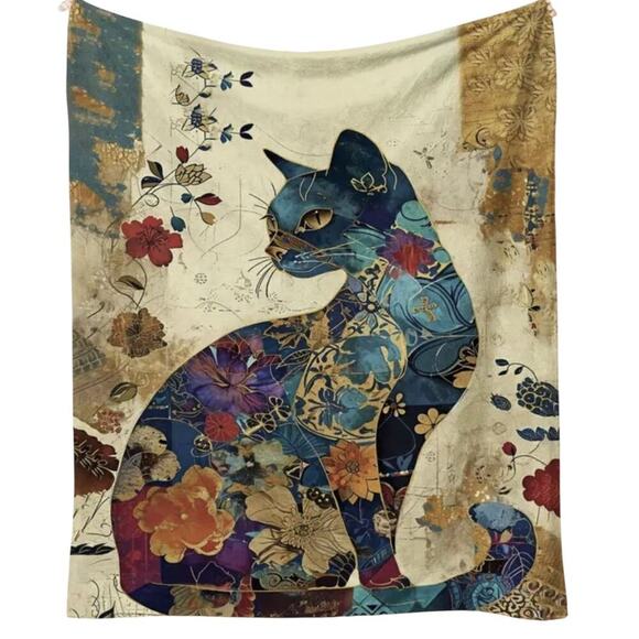 Unbranded Other - Japanese Cat Tapestry Throw Blanket Blue Gold Floral Art 59x79 NWT